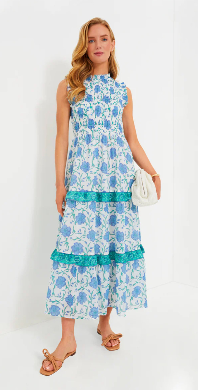 OLIPHANT Tuckernuck Poppy Blue Block Print Sleeveless Smocked Maxi Dress NEW S